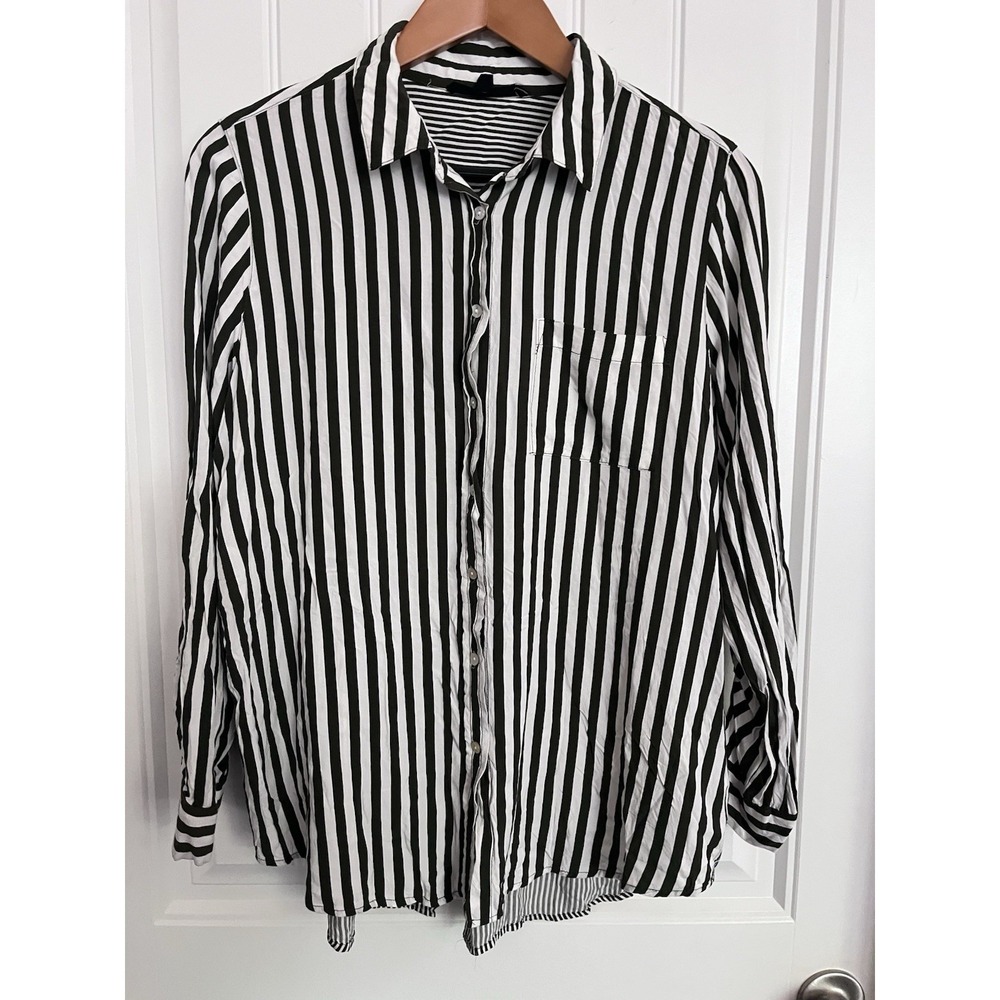 Jane + Delancey Classic‎ Button Down Blouse L Olive Green Stripes Relaxed 524